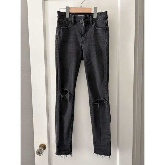 Madewell Denim - Madewell 9” High Rise Skinny Jeans 25 Black Distressed Raw Hem Stretch indie